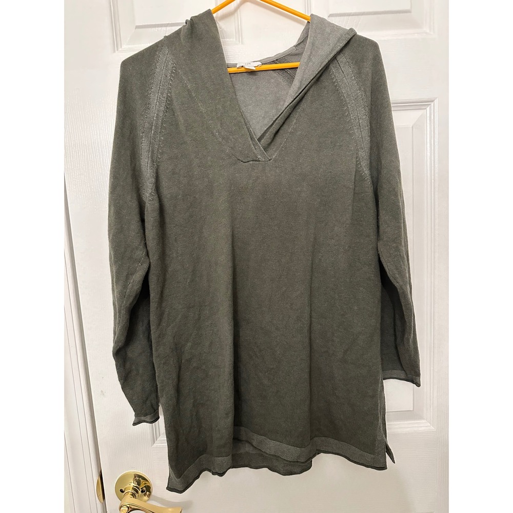 J. Jill Pure Jill Olive Green Hooded Sweater Tunic V-Neck Petite Large